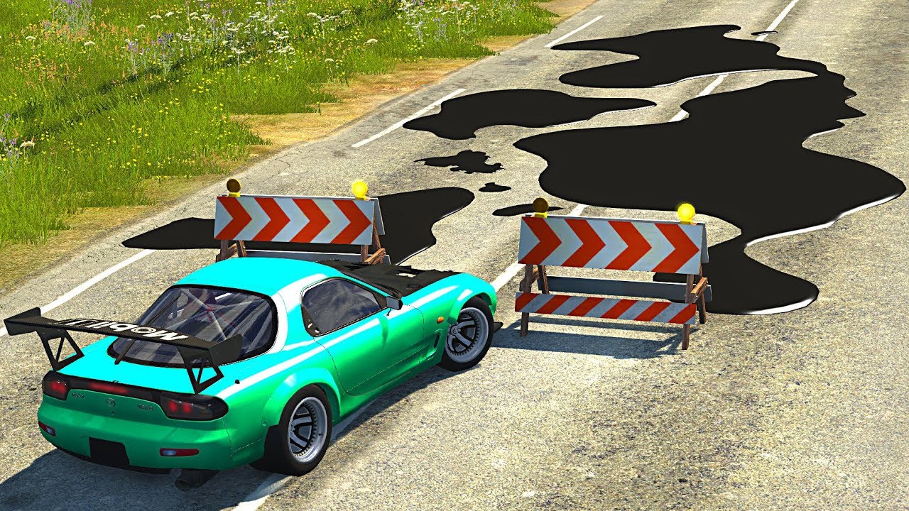 BeamNG.drive - Cars Driving on Spilled Oil (Leaked Oil)