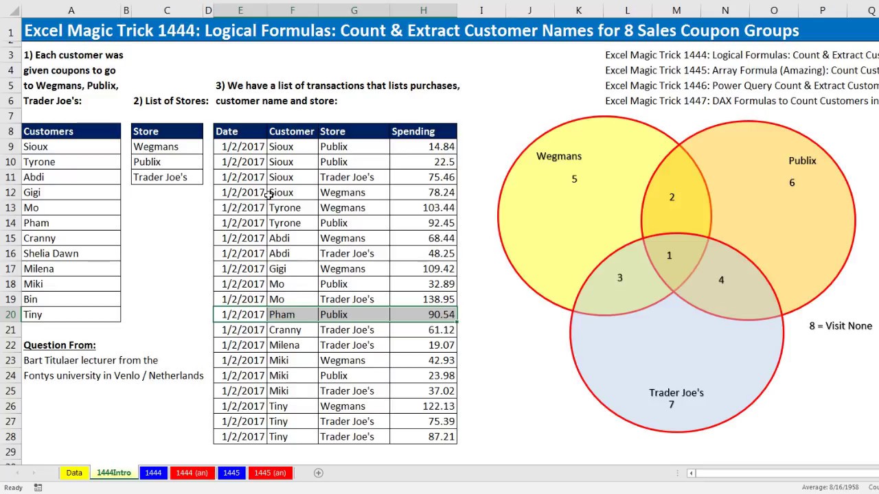 Excel Magic Trick 1444: Logical Formulas: Count & Extract Customer Names for 8 Sales Coupon Groups