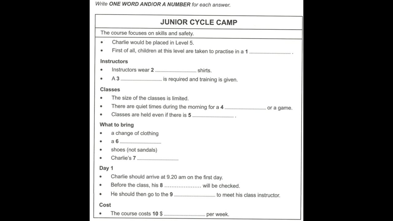 Junior cycle camp - IELTS Listening - Section 1