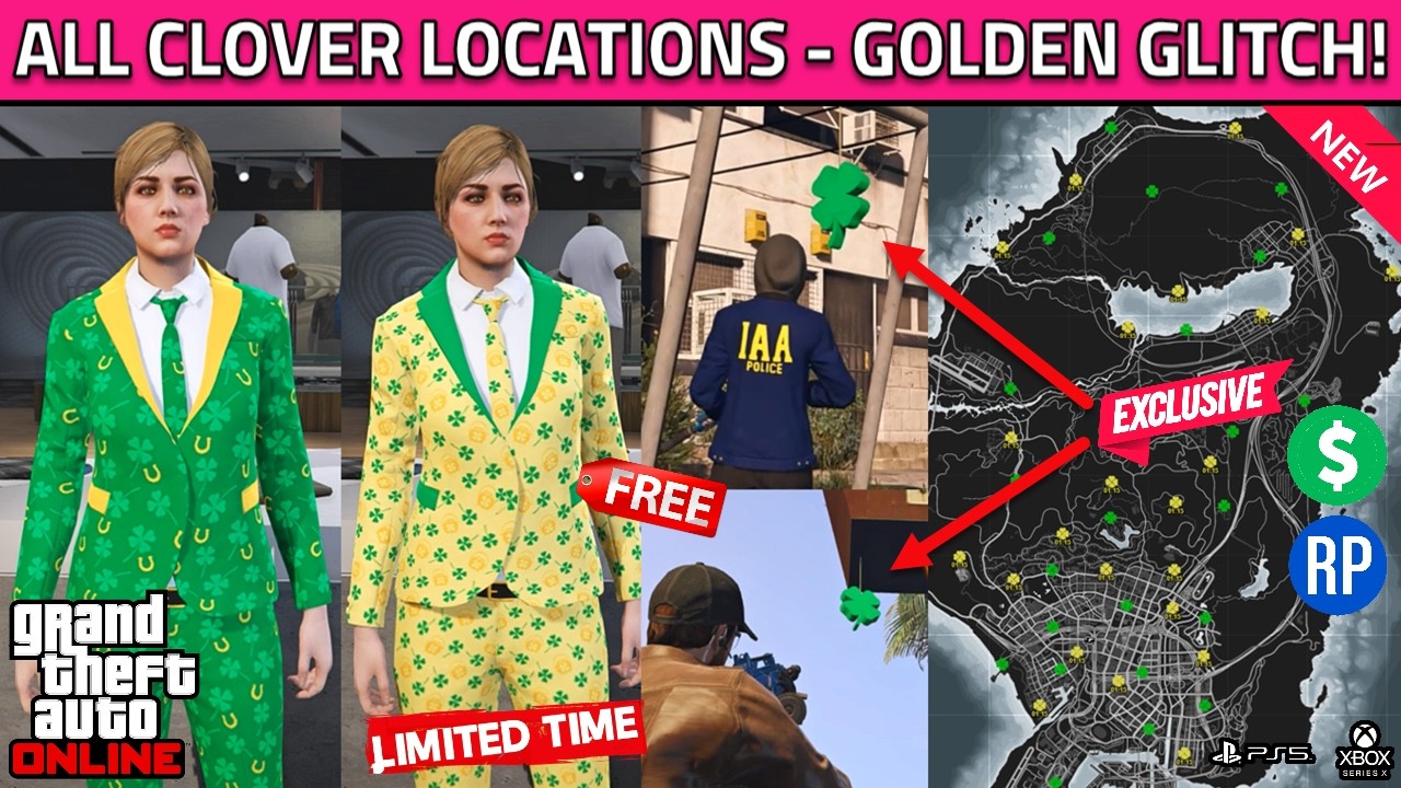 All Lucky Clover Locations in GTA 5 Online! How To Get Golden Clover Outfit! Lucky Clovers Locations