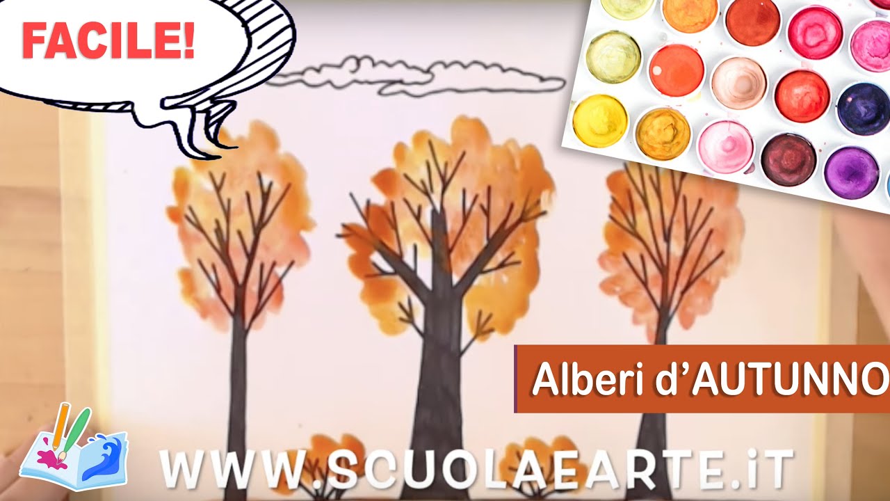 Tecnica mista: paesaggio d'autunno, acquerelli e pennarelli. Arte immagine scuola primaria