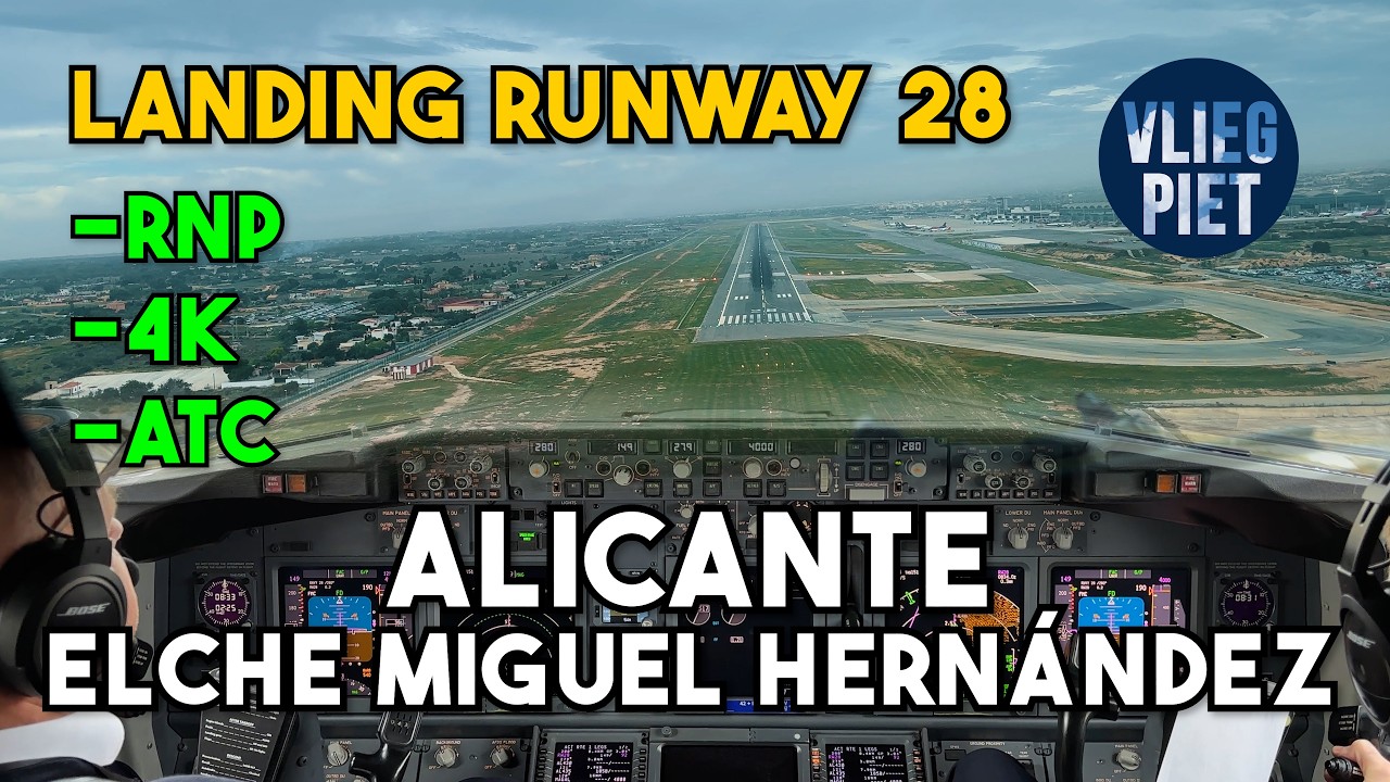 Boeing 737 RNP approach into Alicante | runway 28 sun and rain clouds