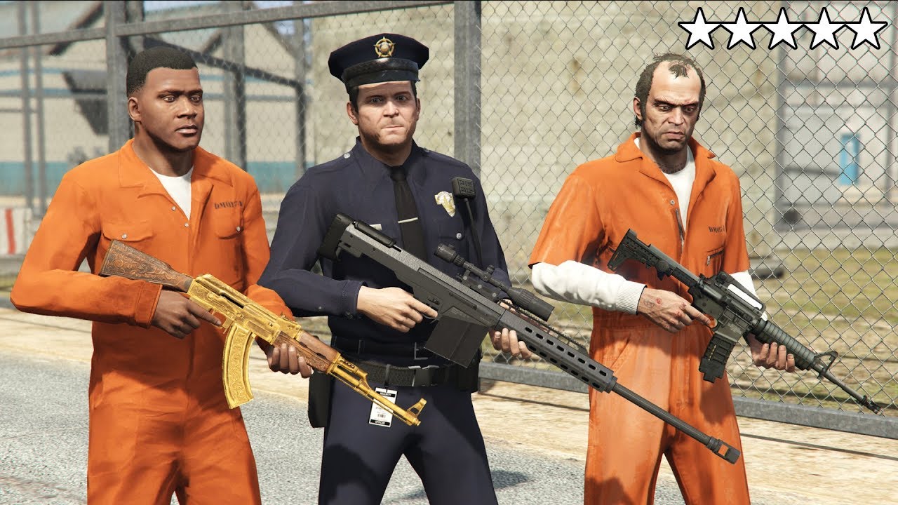 GTA 5 - Michael, Franklin and Trevor VS Five Star PRISON BREAK! (Sandy Shores Airfield Plane Escape)