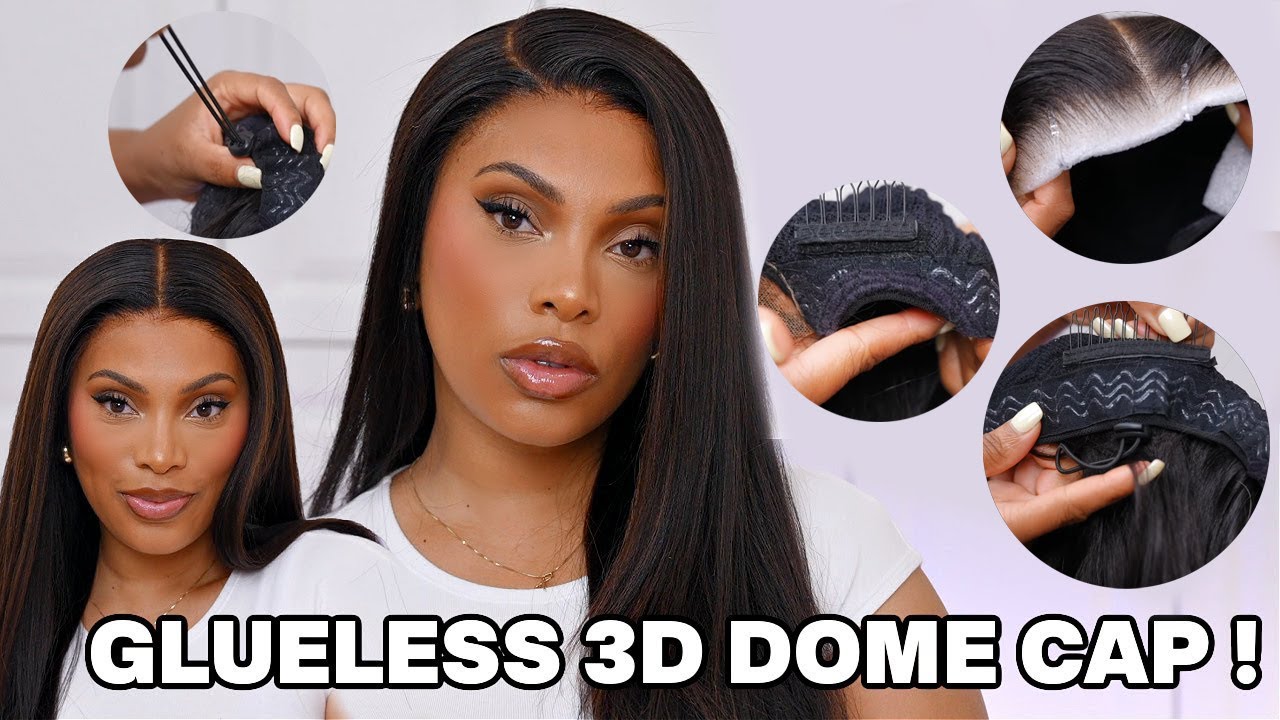 ✨NEW DRAWSTRING 3D DOME CAP WIG✨ C Shape Ear Tab +Velcro Combs GLUELESS 9x6'' HD WIG INSTALL