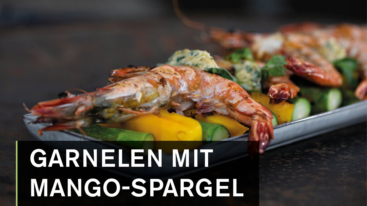 Heimische Garnelen mit Mango-Spargel-Spie&szlig;en