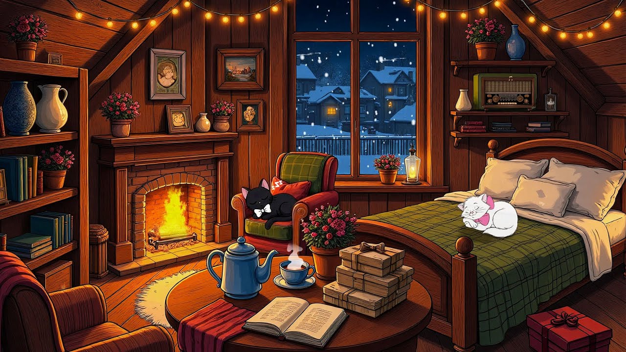 you're listening to 1950s Vintage Oldies on a Room Cottage in a Cozy Winter Night (Unwind, Sleep)