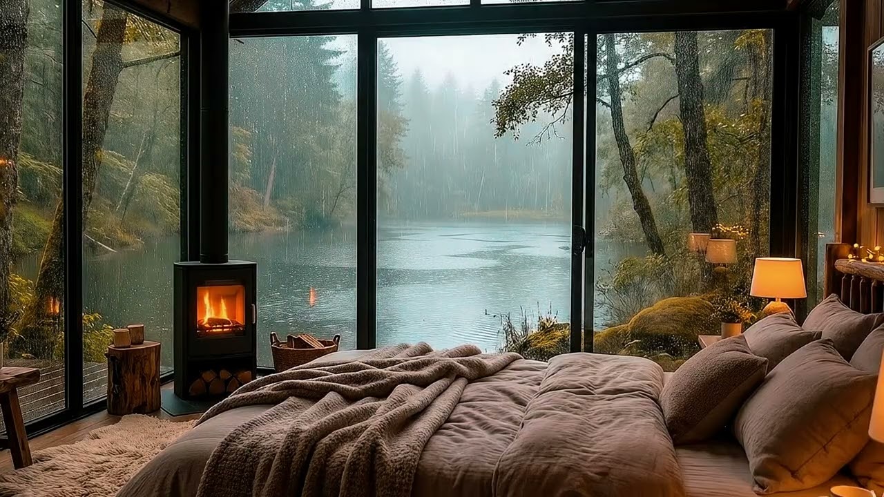 POV Bed Rain Sounds in Lakeside Cabin 🌧️ Static Camera  3 Hours ASMR Sleep