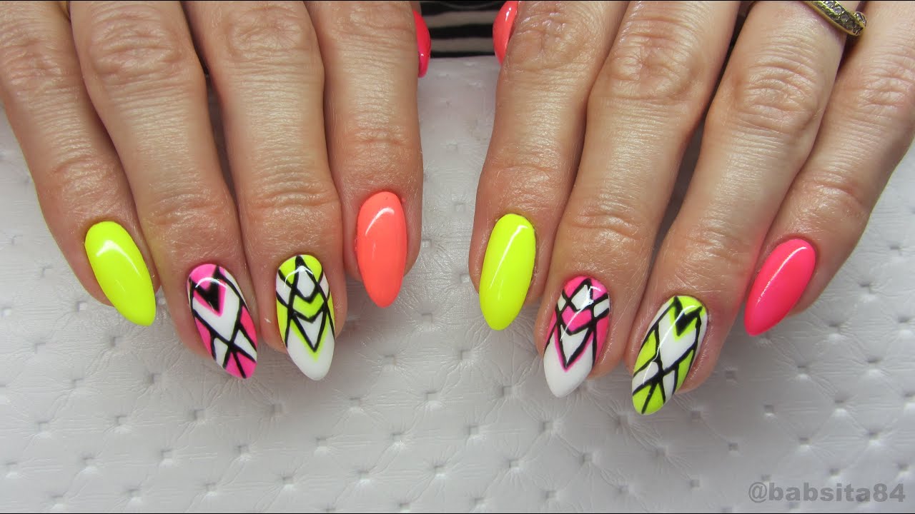 Geometric Neon Nails - Semilac Hardi White, Neon Raspberry, Canary Green, Pink Doll