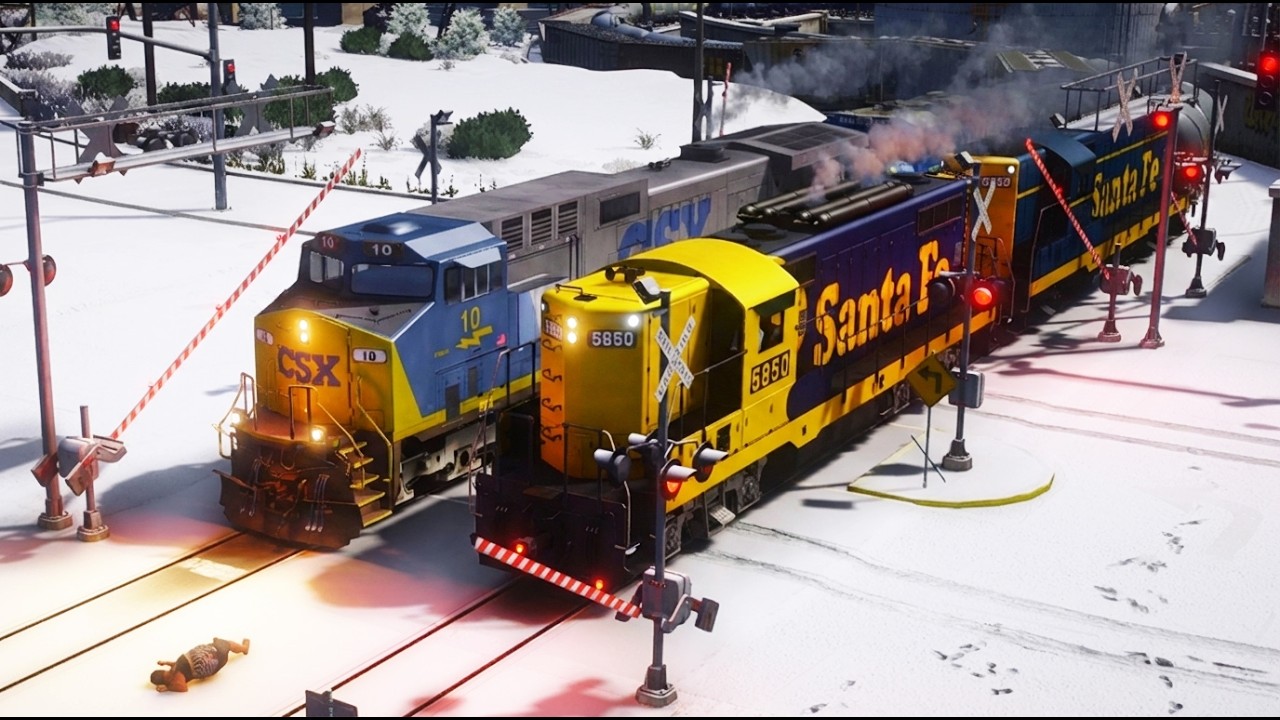 Railfanning at a Railroad Crossing in Snow Weather! - Grand Theft Auto 5