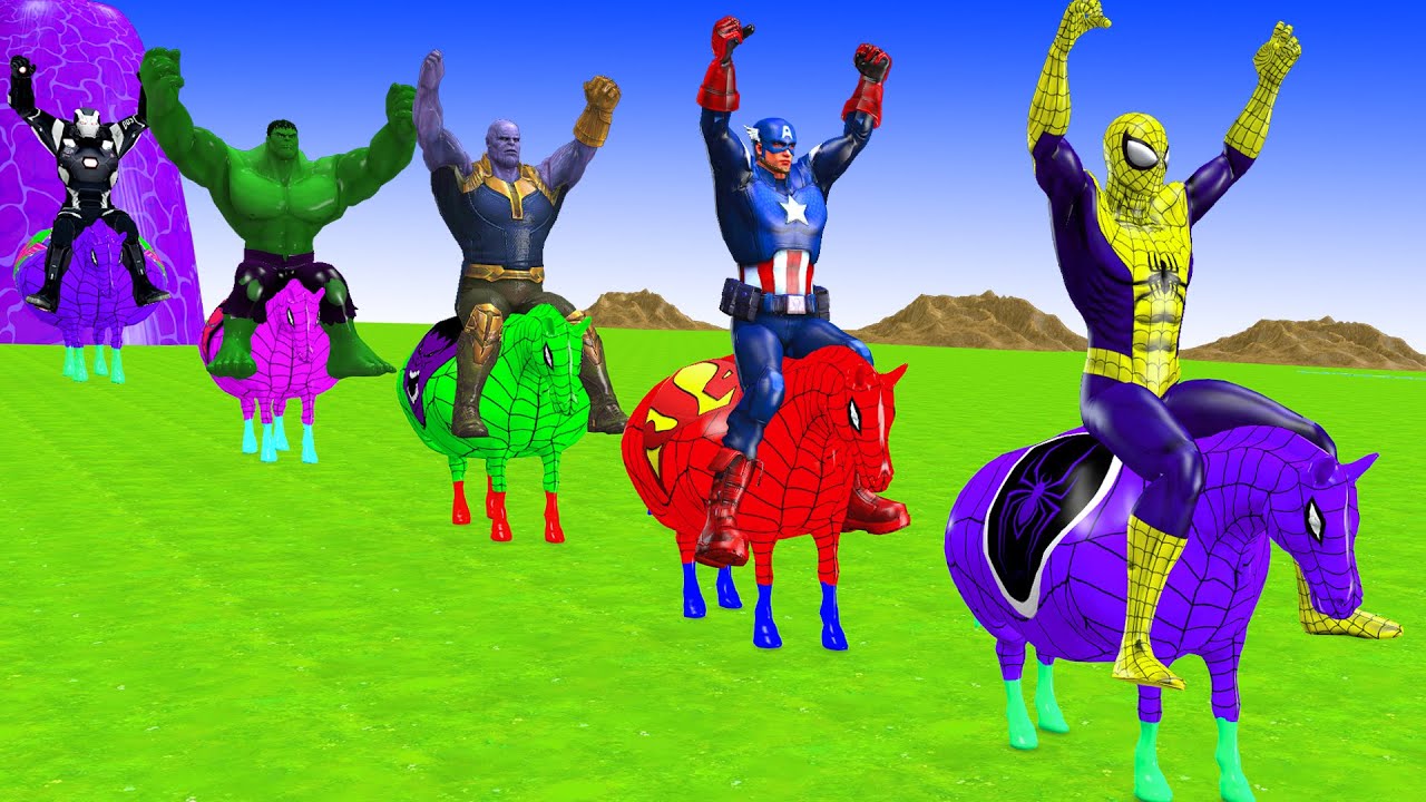 Red Horse Spiderman Crossing On Rainbow Spiders Bridge With Horse Vs Spider-Shark Rescue Animal Game