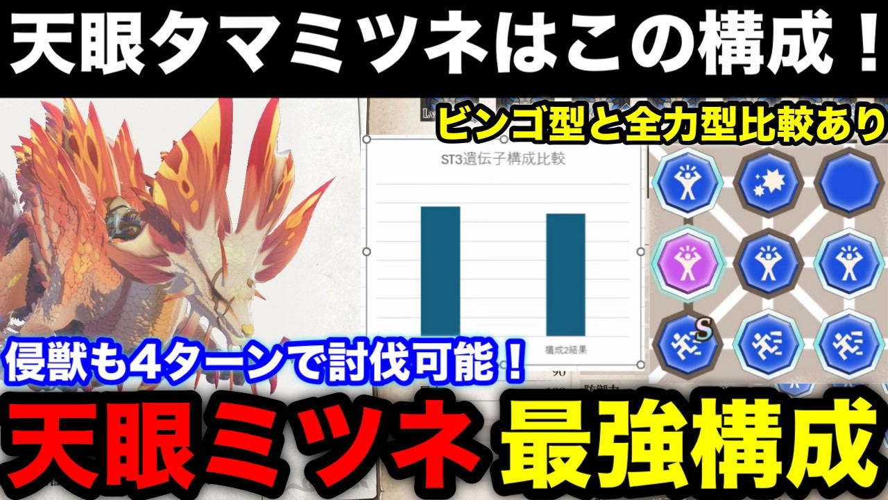 【モンハンストーリーズ3】侵獣4ターン討伐可能！水属性最強の天眼タマミツネ遺伝子構成を解説！【最強オトモン/モンスターハンターストーリーズ3運命の双竜】