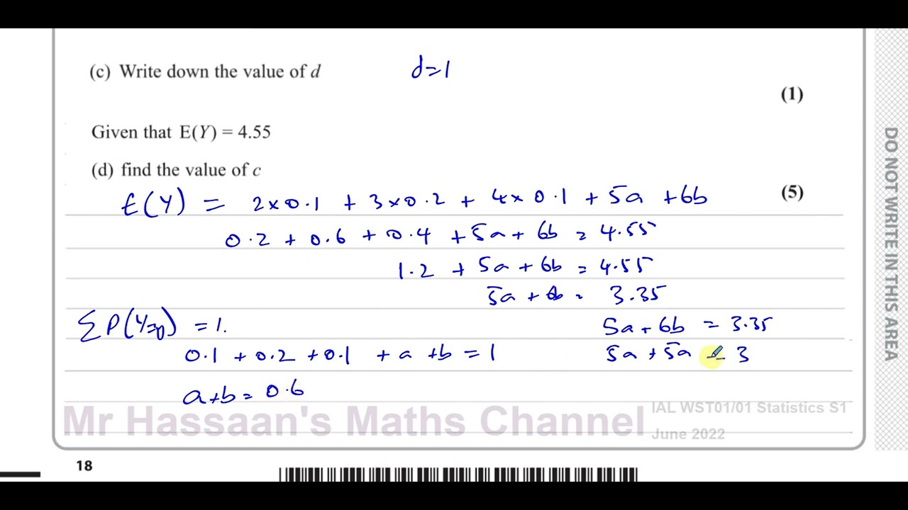 WST01/01, (Edexcel) IAL S1 June 2022,  Q5, Discrete Random Variables, Expected value, SD