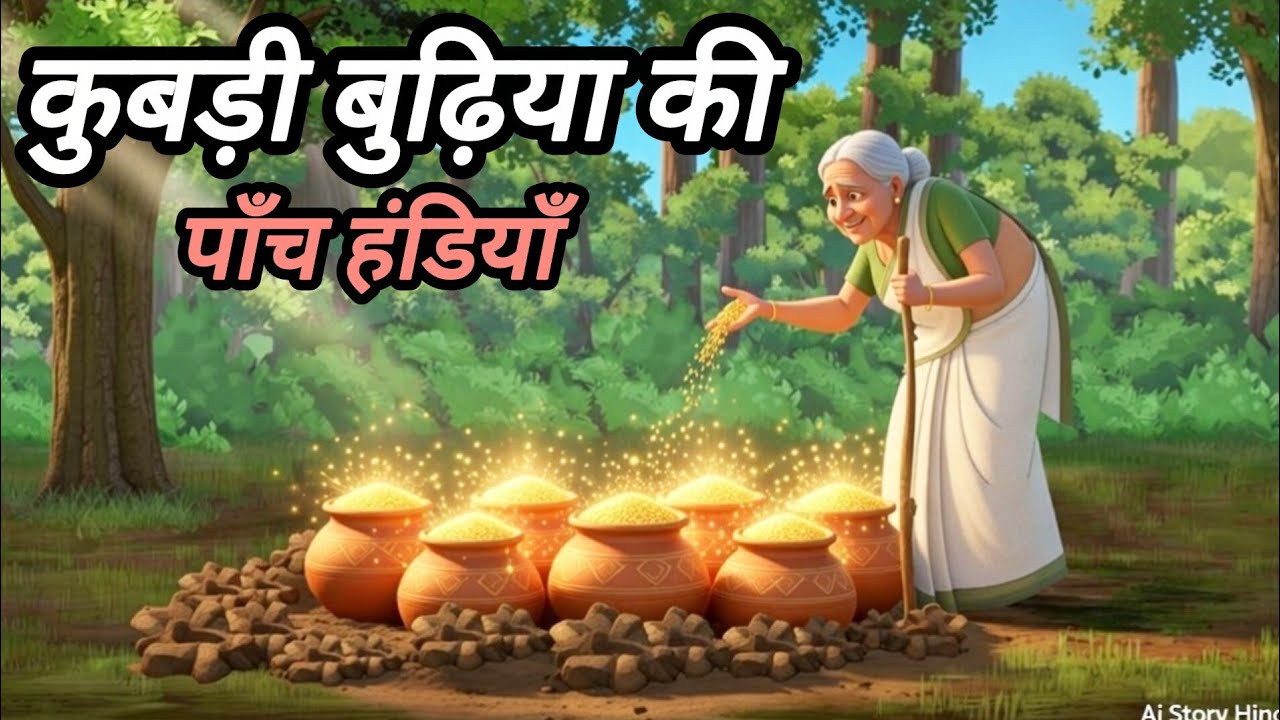 कुबड़ी बुढ़िया की पाँच हंडियाँ | AI Story Hindi | 2D Animation Moral Kahani #airkmbisra