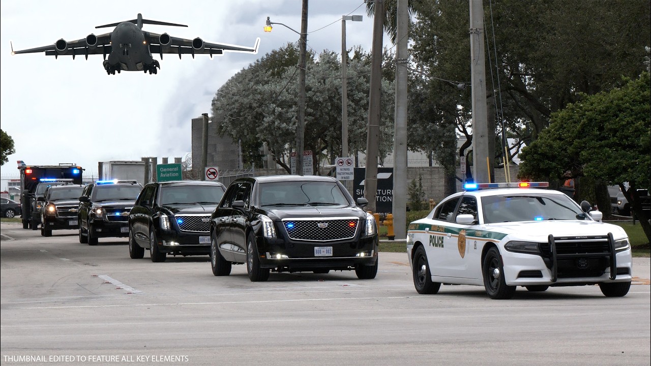 President Trump's motorcade airlifted into Miami, escorted by police to get fuel
