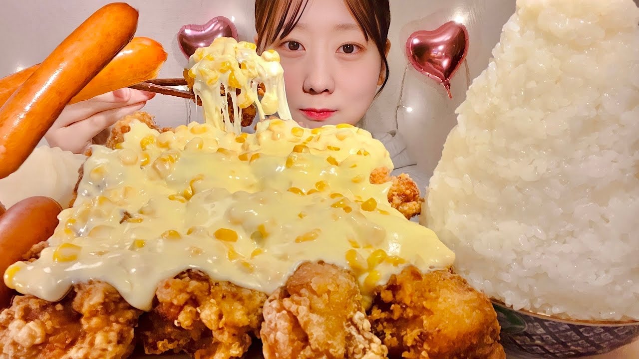 ASMR Жареная курица с кукурузой и сыром колбаса【русские субтитры】【Mukbang/ Eating Sounds】