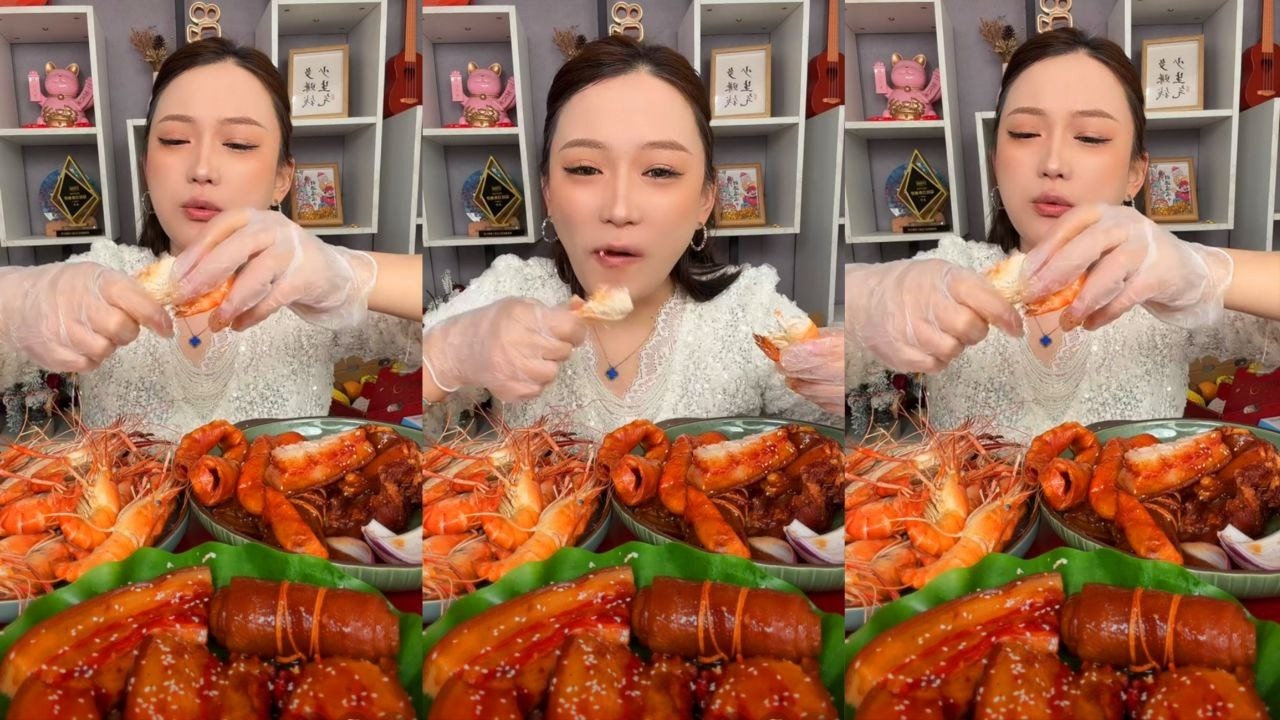 ASMR Chinese Seafood & Braised Pork Belly Mukbang | Eating Giant Shrimp & Fatty Pork | Eating Sounds