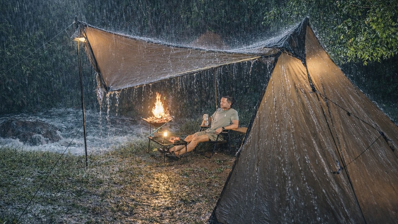 SOLO CAMPING HEAVY RAIN AND THUNDERSTORMS 🌧️ RELAXING CAMPING IN THE RAIN - ASMR