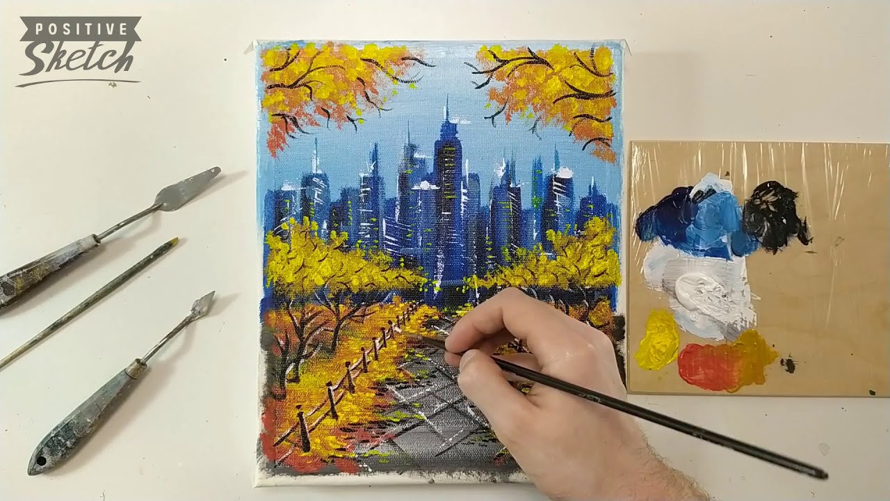 Autumn in New York, Acrylic painting, Easy for beginners