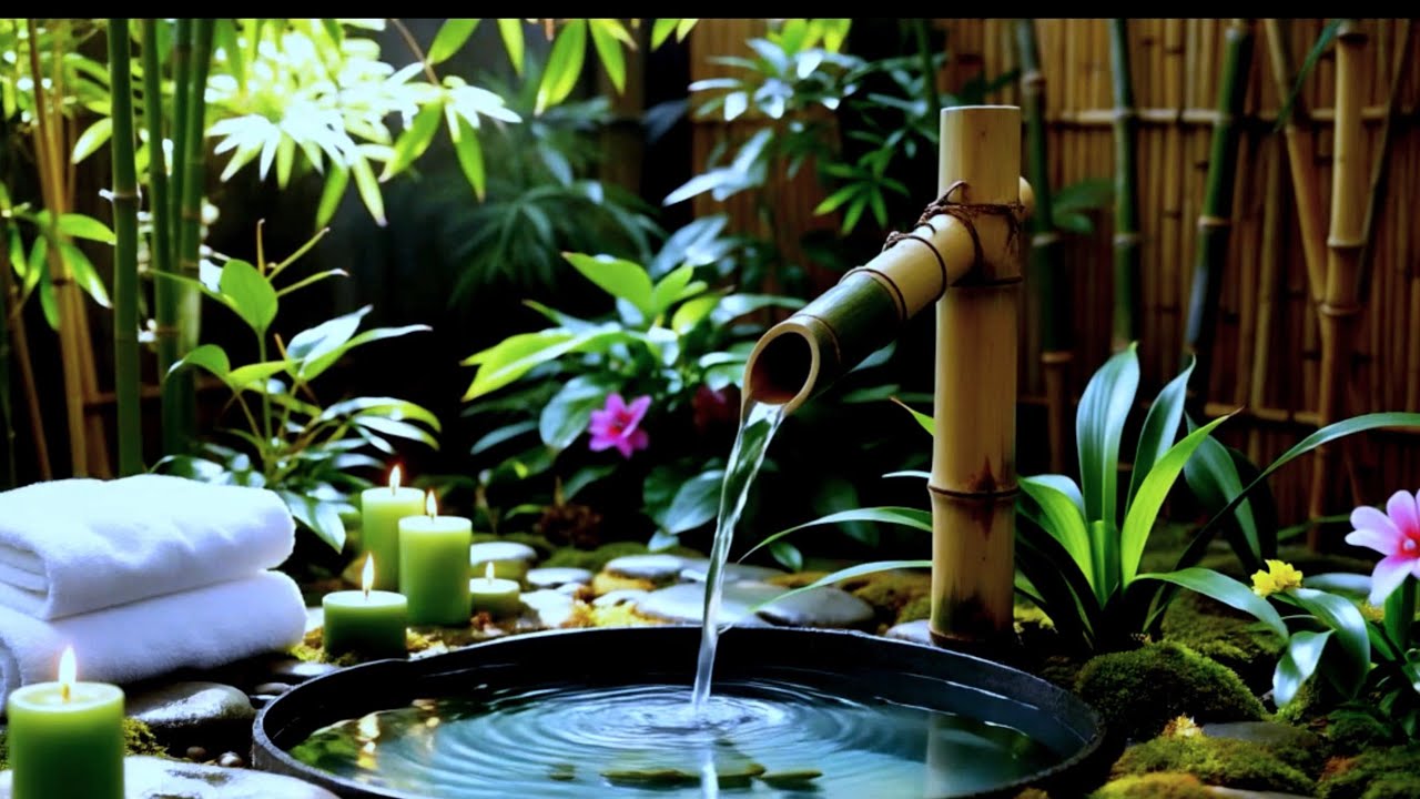 Peaceful Bamboo Forest Watermill | Relaxing Water Sounds & Piano Music for Sleep