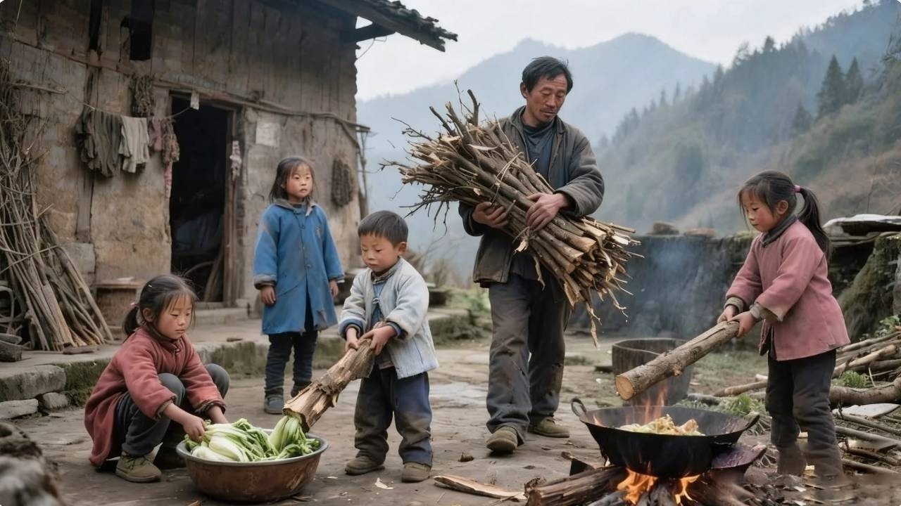 【一家六口隐居深山】年幼的孩子跟随父亲上山砍柴，又帮忙腌白菜做酸菜，父亲做酸菜炖大鹅改善伙食#农村 #农村生活