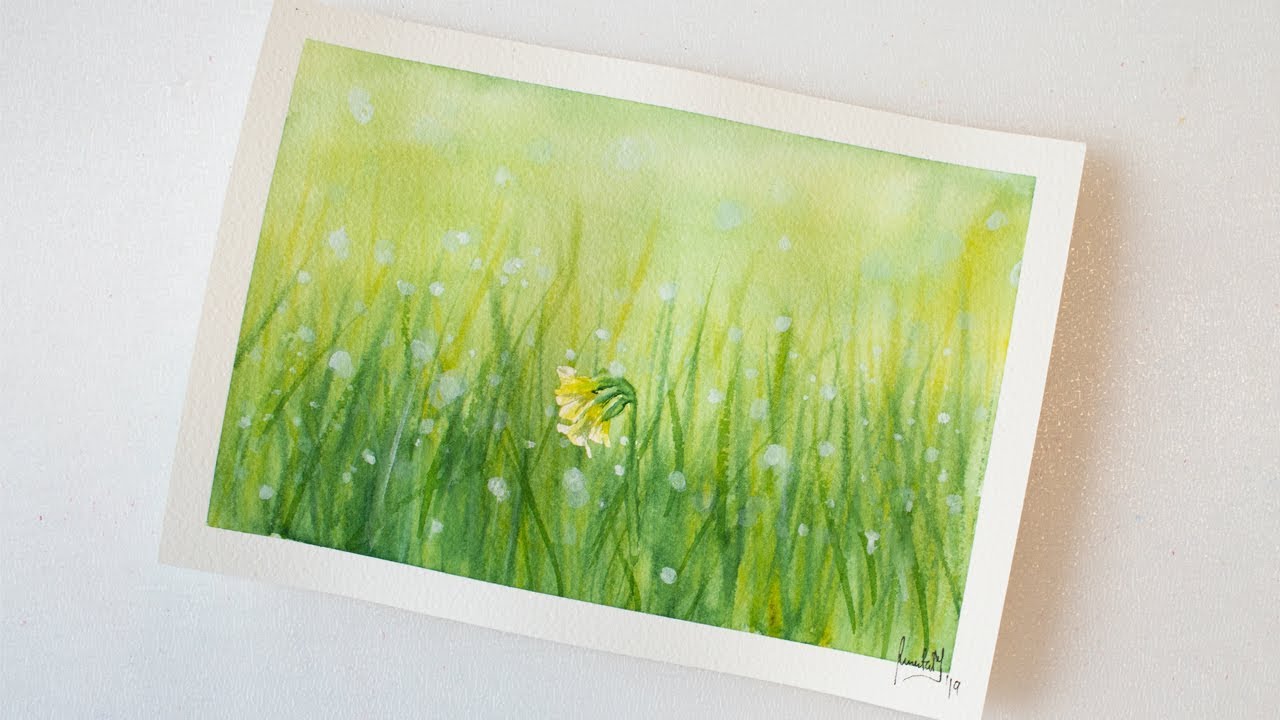 Watercolor MEADOW with grass and primula spring flowers and dew reflection painting - timelapse