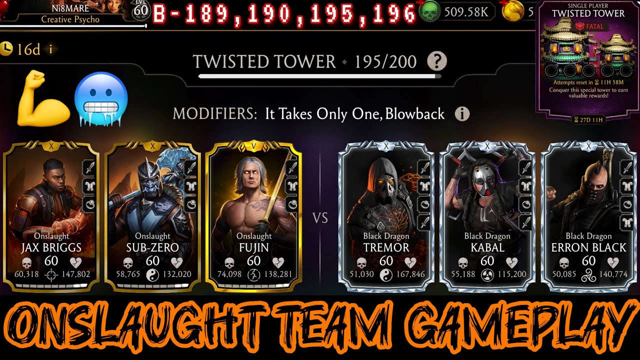 Onslaught Characters Vs Twisted Tower Fatal Battle 189, 190, 195 & 196 Fight + Rewards MK Mobile