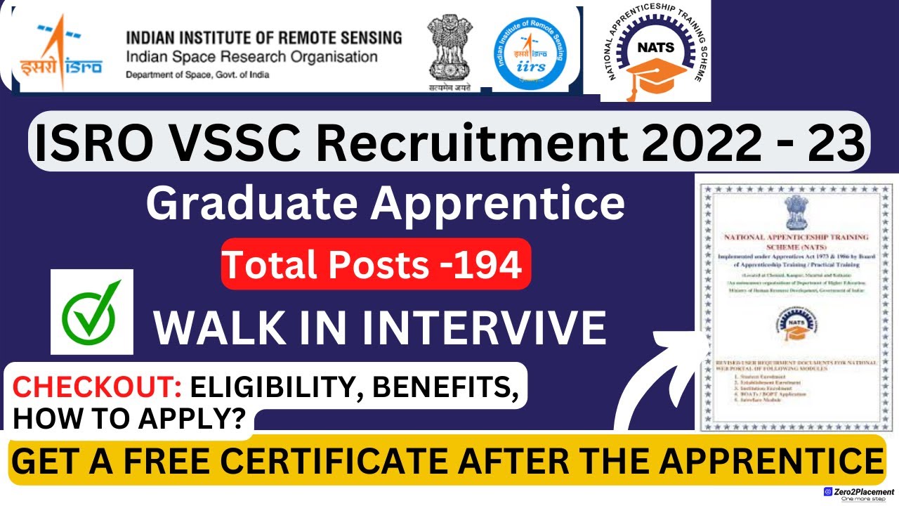 ISRO VSSC Recruitment 2022 &ndash; 23 | Posts -194 Graduate Apprentice | Walk In Interview On 12.11.2022 |