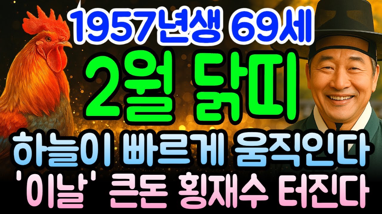 1957년 정유년 닭띠 2월 운세 69세 핵심만 정리! 부의 파도 밀려오고 로또 당첨급 기적 일어나며 신의 축복 받는 한 달입니다