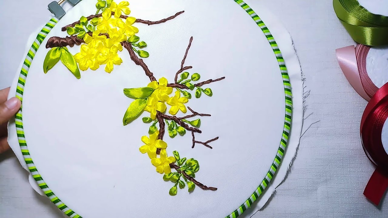Hand Embroidery | Ribbon Embroidery Apricot Blossom | Thêu hoa mai bằng ruy băng | MAYA56