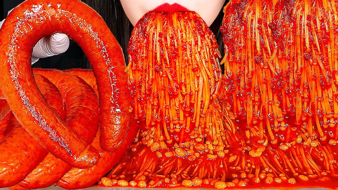 ASMR SPICY ENOKI MUSHROOMS GIANT SAUSAGE 불닭팽이버섯, 대왕소세지 먹방 咀嚼音えのき EATING SOUNDS MUKBANG ZOEY ASMR