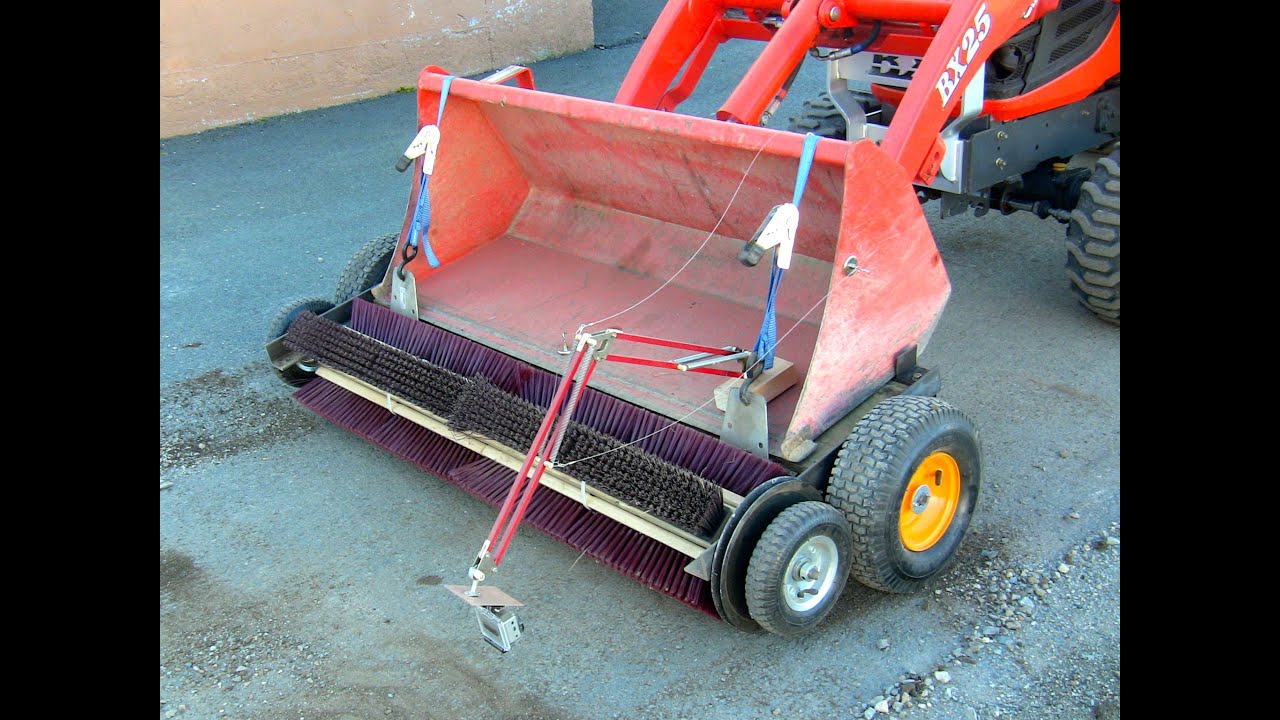 Homemade rotary broom for tractor bucket on Kubota BX