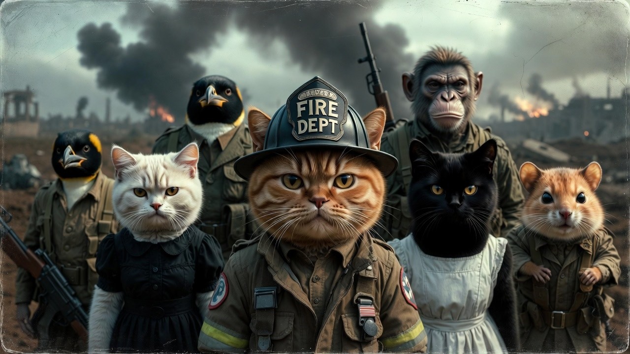One Cat, 4 Wild Friends: Firefighter, Hamster, Monkey & Penguin – 5 Stories to Watch! 🐱💥