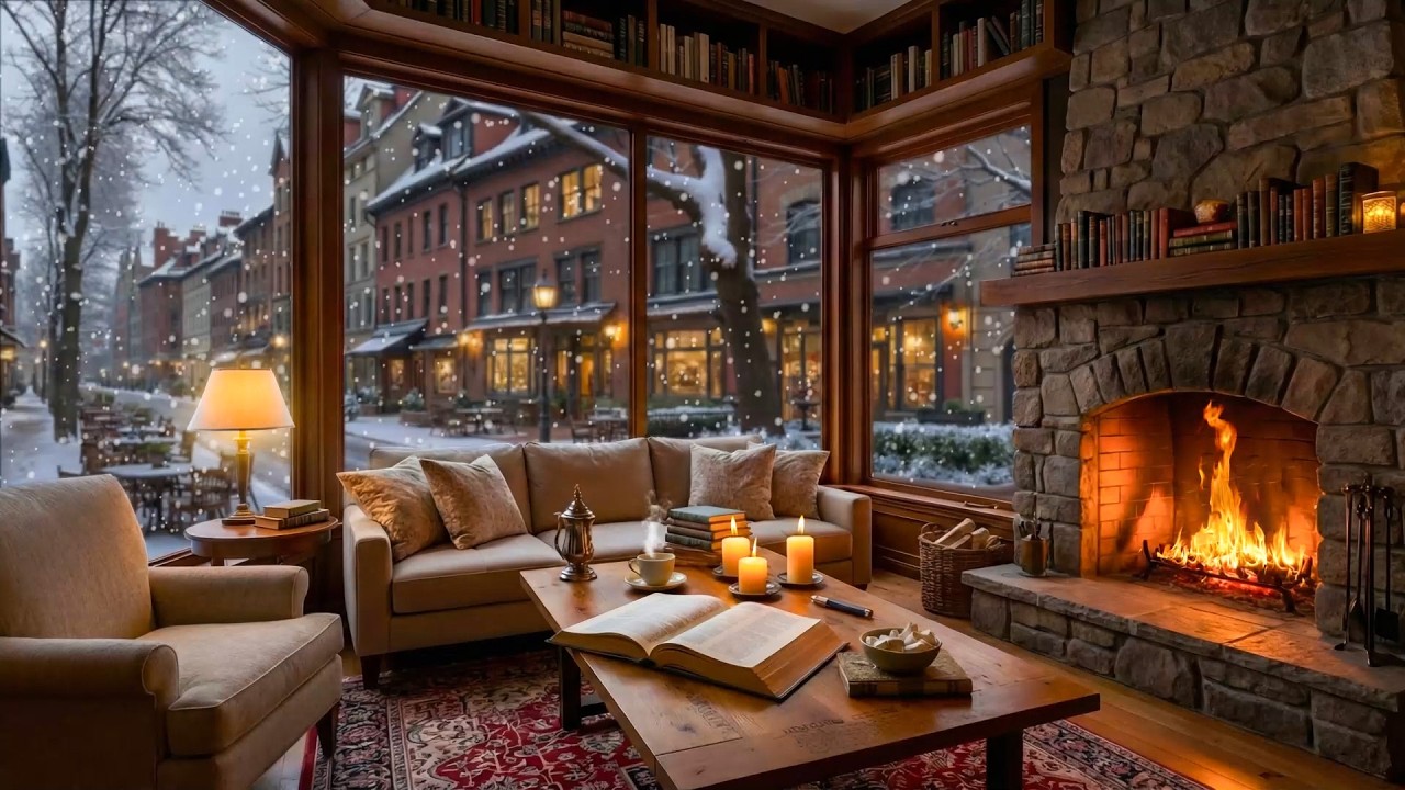 Cozy February Coffee Shop ❄️ Relaxing Jazz Piano & Crackling Fireplace Ambience for Study & Work