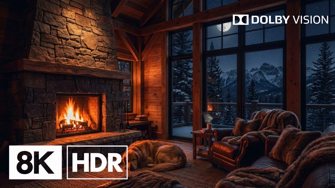 8K Cozy Mountain Cabin at Night 🔥🌙 – 2 Hours of Fireplace & Winter Forest Ambience