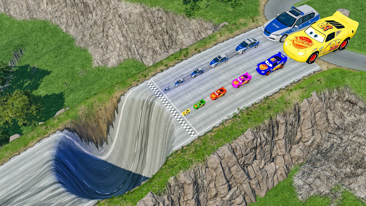 Big & Small McQueen & Police Car vs Giant Pit Challenge  Downhill Race   BeamNG.drive