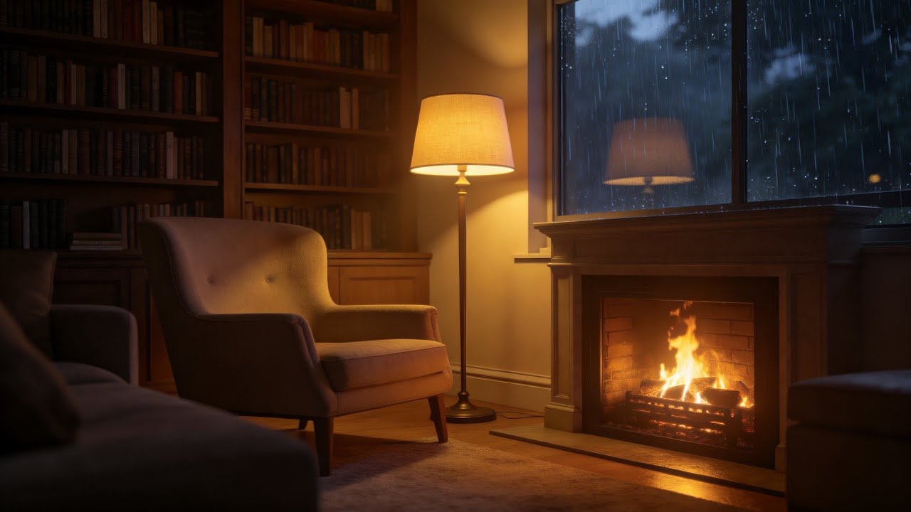 Cozy Rainy Night Living Room | Relaxing Sleep and Study Atmosphere