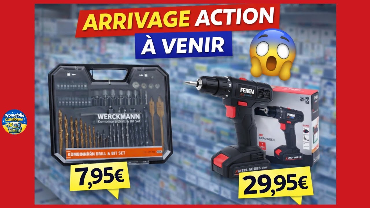 🔥 ARRIVAGE ACTION 25 FÉVRIER 🔥 Perceuse 20V à 29,95€ + Set Forets 63 pcs à 7,95€ 😱 Bon Plan !#action
