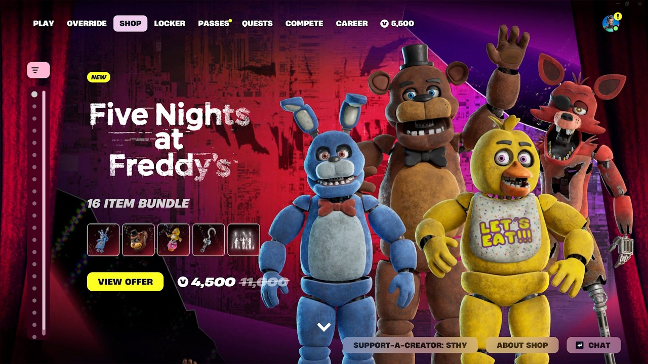 All Fortnite x FNAF Bundle Item Shop Showcase (Freddy Fazbear, Bonnie, Chica & Foxy)