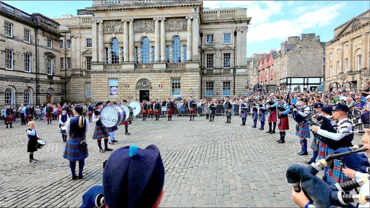 Highland Cathedral by massed Pipe Bands at St Giles Cathedral prior 2025 Edinburgh Tartan Parade