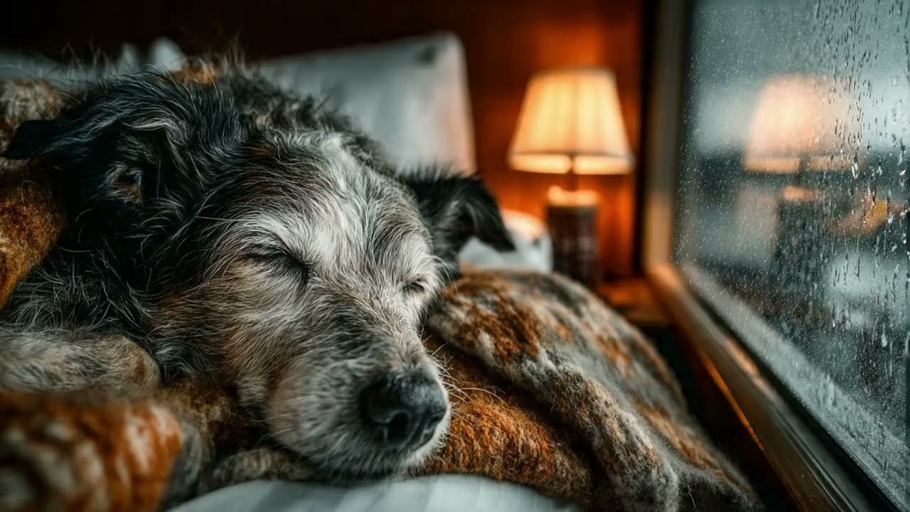Easy Night Comfort | Soft Rain Sounds & Relaxing Music, Cozy Bedroom, Sleeping Dog 🌧️🌙