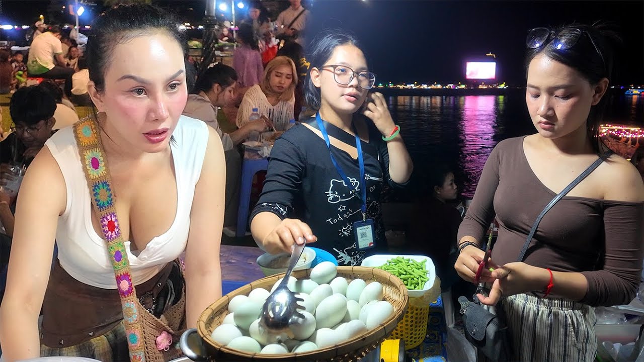 Inside place! Cambodian Street Food Tour - Walk at food Night Market Tour 4K 60fps