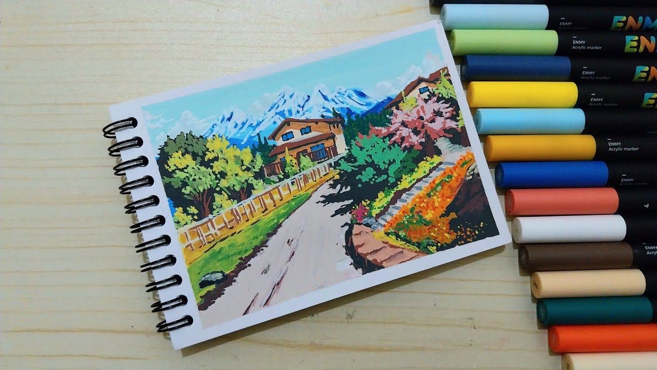 Menggambar Pemandangan Gunung Di Belakang Rumah Mudah dan Cantik Menggunakan ENMY Acrylic Marker