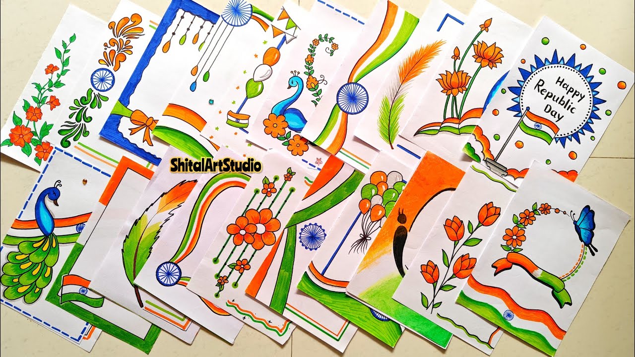 50 BEAUTIFUL TRICOLOR BORDER DESIGNS/PROJECT WORK/REPUBLIC DAY CARDS/DESH BHAKTI COPY DECORATION
