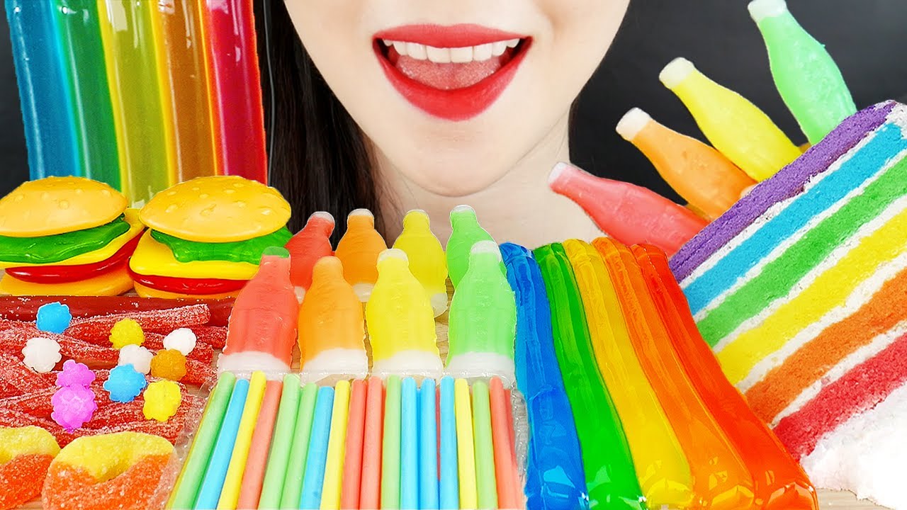 ASMR RAINBOW JELLY NOODLES & HAMBURGER JELLY & CAKE & WAX STICKS & NANA EATING SOUND