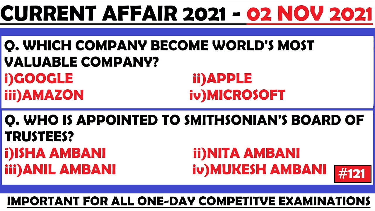 02 Nov 2021 Current Affairs Questions | India & World Current Affairs | Current Affairs 2021 Nov |