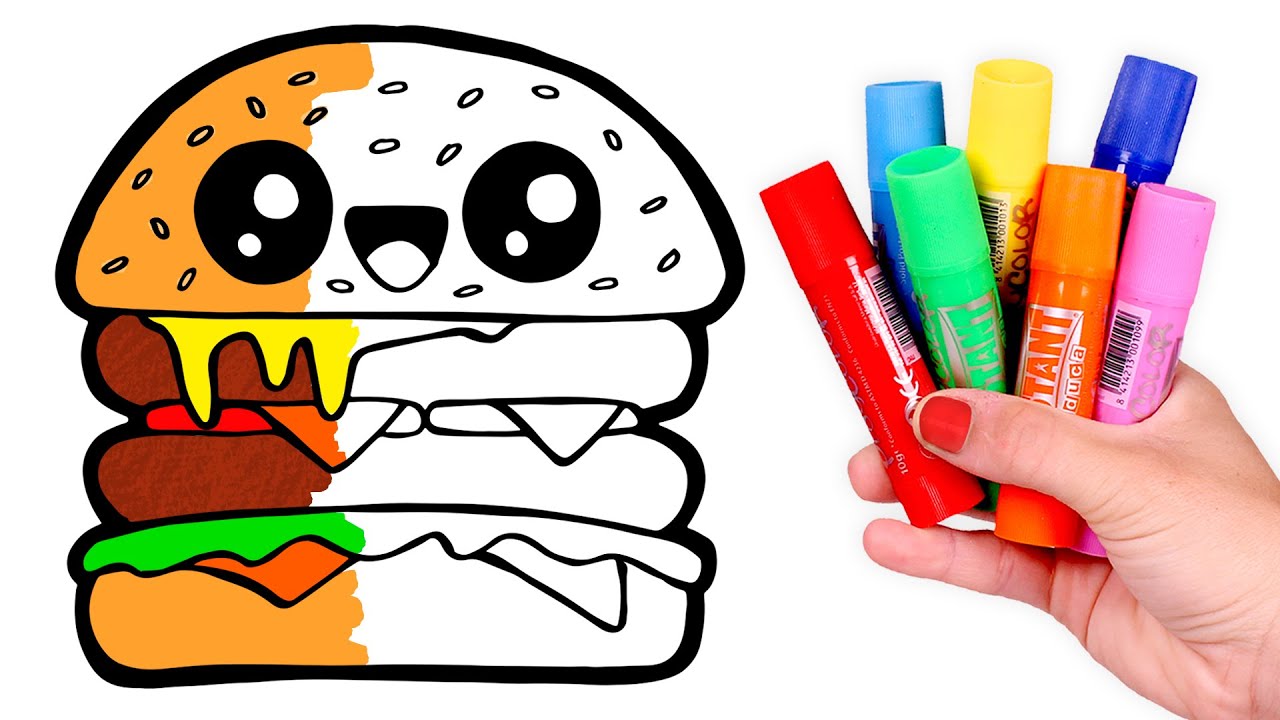 Dibuja y Colorea una HAMBURGUESA kawaii 🍔🌈🍟 Videos para ni&ntilde;os
