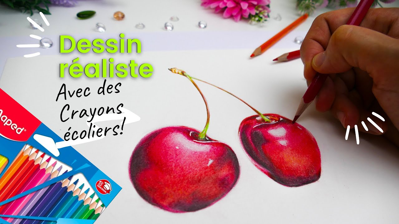 DESSIN RÉALISTE DE CERISES AUX CRAYONS DE COULEUR ÉCOLIERS