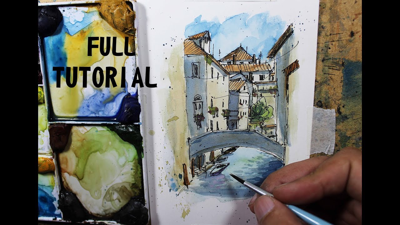 Sketching Venice Canal bridge Italy,easy to follow,pen and wash with Nil Rocha