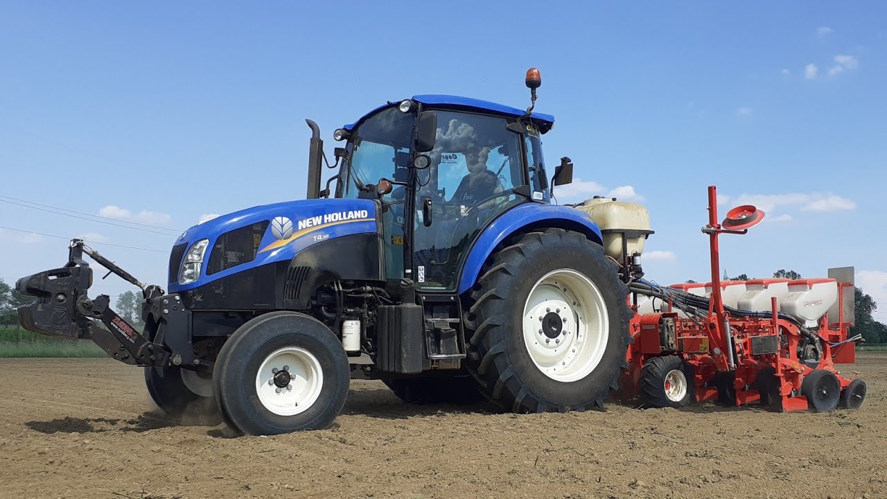 SEMINA SOIA: NEW HOLLAND T4.95 + SEMINATRICE GASPARDO 7 FILE