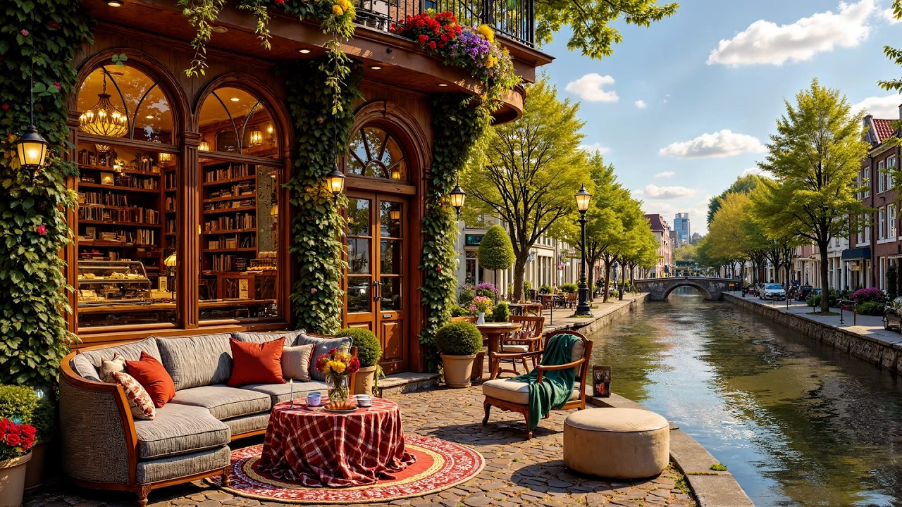 Calm Spring Jazz🌼🌺Street Coffee Shop Ambience  ~ Gentle Jazz Music for Study/Work Concentration🌿